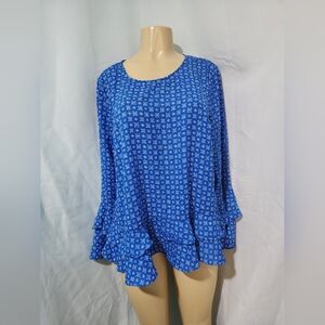 Worthington blue white bell ruffle blouse